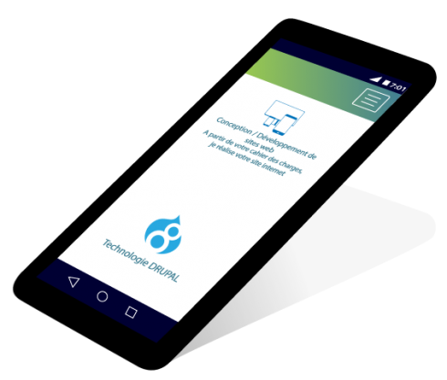 Smartphone portant les logos de Drupal 8 et Pictos responsive